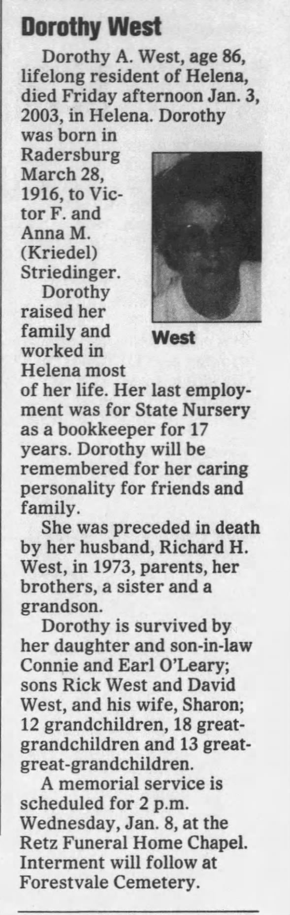 Obituary for Dorothy A. West, 1916-2003 (Aged 86)